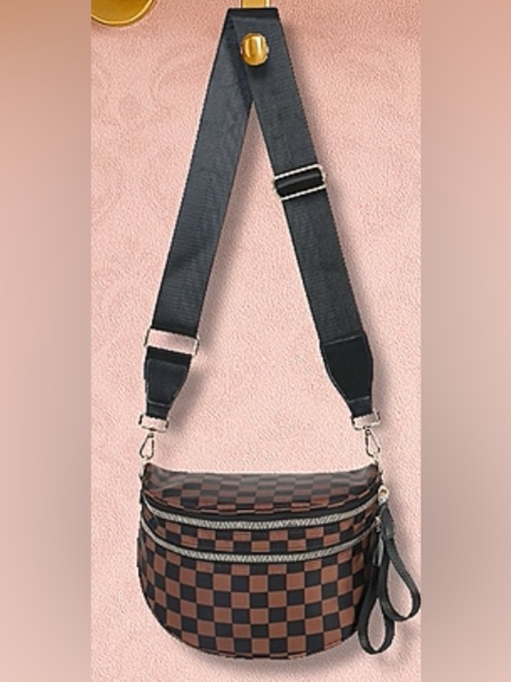 NEW! EMMAFY Large Bum Bag Crossbody Checkered Chocolate Brown Black New in Bag